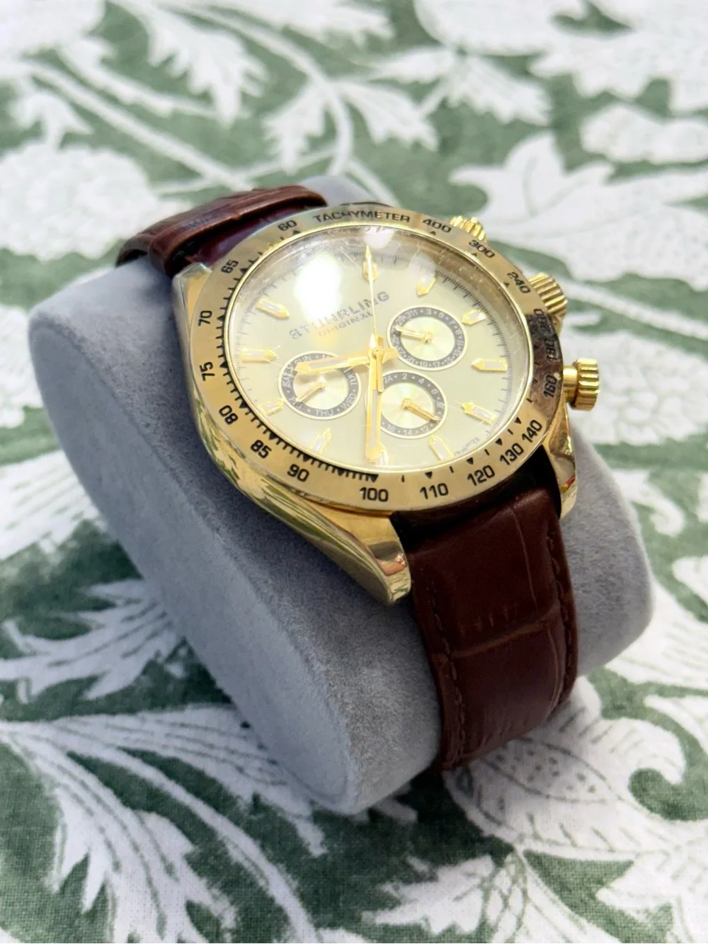 Stuhrling Gold Tone Chronograph Watch with Brown Leather Strap